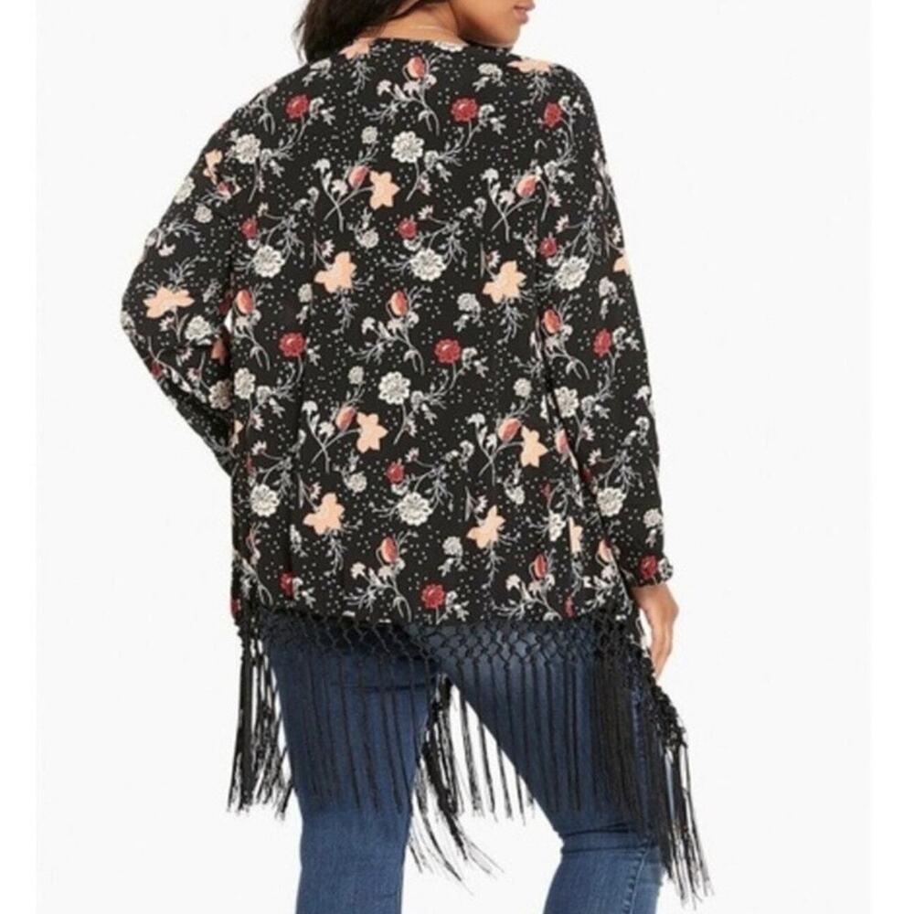 TORRID Black Floral Print Fringe Hem Open-Front Kimono Cardigan Size 1 (1X) - Picture 2 of 7